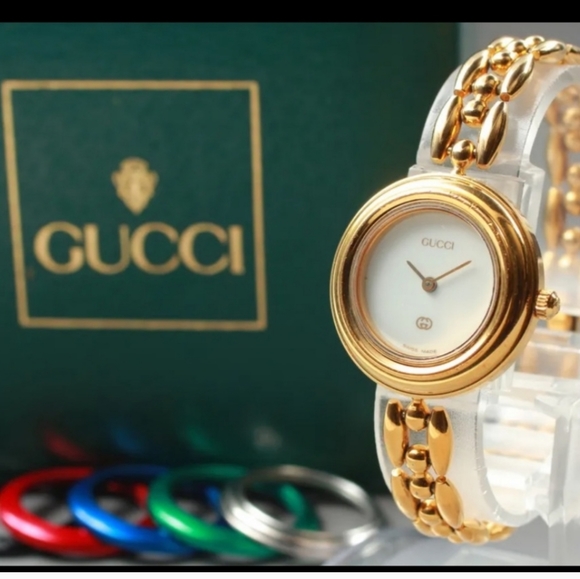 RARE Vintage Gucci 14k Gold Plated Watch Set with Bezels Pristine - Picture 1 of 9